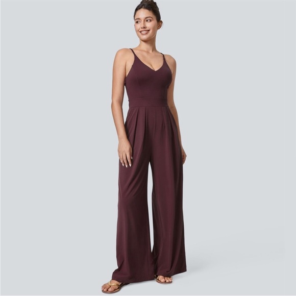 HALARA Pants - Halara Breezeful Backless Pocket Slip Wide Leg Burgundy Jumpsuit Size Small